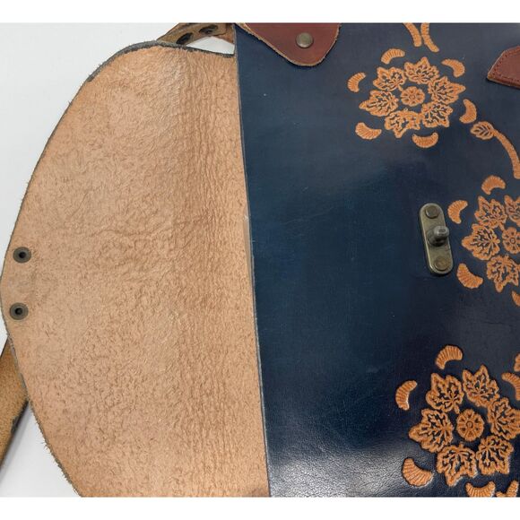Small Vintage Blue Boho Floral Hand Crafted Tooled Leather Shoulder Bag - Picture 8 of 12